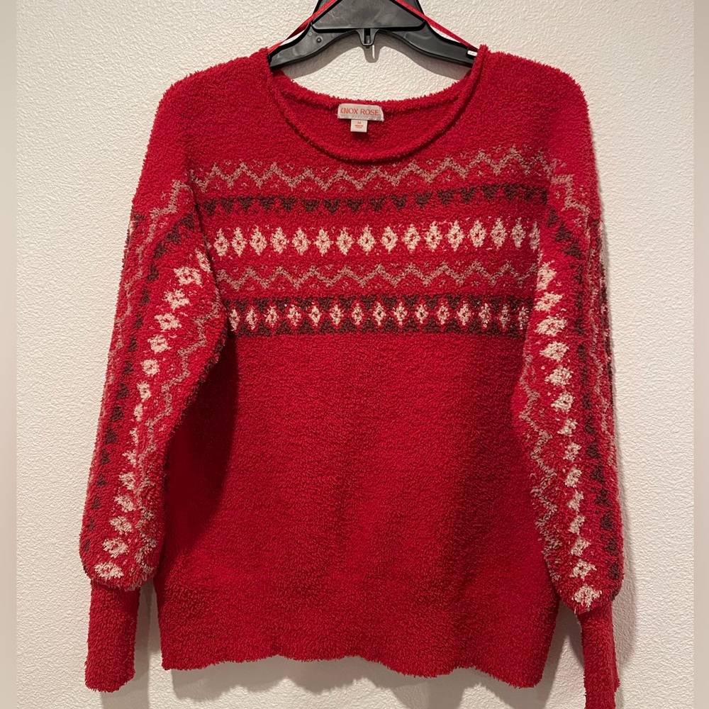 Knox Rose Red Fair Isle Crewneck Sweater with Ivory Accents